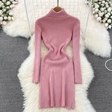 DERMEARNE Elegant Turtleneck Long Sleeve Knit Bodycon Pencil Dress Slim Basic Fashion Sweater Vestido Sexy Women Autumn Winter Clothing