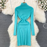 DERMEARNE Elegant Turtleneck Long Sleeve Knit Bodycon Pencil Dress Slim Basic Fashion Sweater Vestido Sexy Women Autumn Winter Clothing
