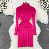 DERMEARNE Elegant Turtleneck Long Sleeve Knit Bodycon Pencil Dress Slim Basic Fashion Sweater Vestido Sexy Women Autumn Winter Clothing