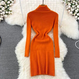 DERMEARNE Elegant Turtleneck Long Sleeve Knit Bodycon Pencil Dress Slim Basic Fashion Sweater Vestido Sexy Women Autumn Winter Clothing