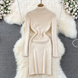 DERMEARNE Elegant Turtleneck Long Sleeve Knit Bodycon Pencil Dress Slim Basic Fashion Sweater Vestido Sexy Women Autumn Winter Clothing