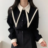 DERMEARNE Elegant Vintage Edge Piping Peaked Collar Shirts Women Spring Loose Puff Sleeve Blouses Simple Single Breasted Tops