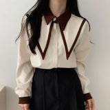 DERMEARNE Elegant Vintage Edge Piping Peaked Collar Shirts Women Spring Loose Puff Sleeve Blouses Simple Single Breasted Tops