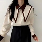 DERMEARNE Elegant Vintage Edge Piping Peaked Collar Shirts Women Spring Loose Puff Sleeve Blouses Simple Single Breasted Tops