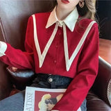 DERMEARNE Elegant Vintage Edge Piping Peaked Collar Shirts Women Spring Loose Puff Sleeve Blouses Simple Single Breasted Tops
