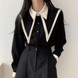 DERMEARNE Elegant Vintage Edge Piping Peaked Collar Shirts Women Spring Loose Puff Sleeve Blouses Simple Single Breasted Tops