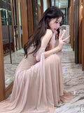 DERMEARNE Elegant Wedding Evening Party Midi Dresses for Women 2025 Summer New Spliced Mesh French Sexy Sleeveless Pink Female Clothing