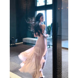 DERMEARNE Elegant Wedding Evening Party Midi Dresses for Women 2025 Summer New Spliced Mesh French Sexy Sleeveless Pink Female Clothing