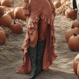 DERMEARNE Ethnic Retro Solid Ruffle Irregular Dress Women Spring V Neck Slim Party Long Dress Autumn Long Sleeve Boho Maxi Dress