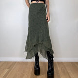 DERMEARNE Fairycore Grunge Green Irregular Midi Skirts 2000s Retro Elegant Lady High Waist Ruffles Chiffon Skirt Women Vintage Streetwear