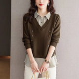 DERMEARNE Fake Two Piece Top Knit Sweater Women's Splice Shirt Collar 2025 Spring Autumn New Korean Loose Long Sleeve Sweater Brown Shirt