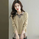 DERMEARNE Fake Two Piece Top Knit Sweater Women's Splice Shirt Collar 2025 Spring Autumn New Korean Loose Long Sleeve Sweater Brown Shirt