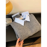 DERMEARNE Fake Two shirts Collar Sweater Women's Autumn Outfit New Lazy Linterior Contrasting Color Gray Knit Sweater Top With Flip Collar