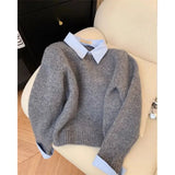 DERMEARNE Fake Two shirts Collar Sweater Women's Autumn Outfit New Lazy Linterior Contrasting Color Gray Knit Sweater Top With Flip Collar
