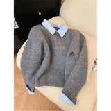 DERMEARNE Fake Two shirts Collar Sweater Women's Autumn Outfit New Lazy Linterior Contrasting Color Gray Knit Sweater Top With Flip Collar