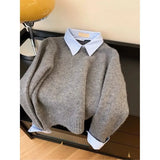DERMEARNE Fake Two shirts Collar Sweater Women's Autumn Outfit New Lazy Linterior Contrasting Color Gray Knit Sweater Top With Flip Collar
