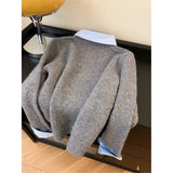 DERMEARNE Fake Two shirts Collar Sweater Women's Autumn Outfit New Lazy Linterior Contrasting Color Gray Knit Sweater Top With Flip Collar