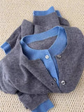 DERMEARNE Fake two 100% pure cashmere sweater cardigan dark grey high-grade wool knit coat top