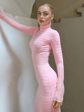 DERMEARNE Fantoye Knit Sexy See Through Maxi Dress For Women Pink Long Sleeve Turtleneck Evening Dress Autumn Slim Elegant Party Clubwear