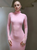 DERMEARNE Fantoye Knit Sexy See Through Maxi Dress For Women Pink Long Sleeve Turtleneck Evening Dress Autumn Slim Elegant Party Clubwear