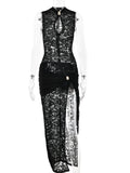 Dermearne Fantoye Sexy Hollow Out High Slit Lace Women Maxi Dress Black See Through Evening Dress Female Autumn New Elegant Party Clubwear