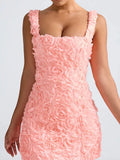 DERMEARNE Fashion 3D Flower Mini Dress Women Sexy Slim Hip Package Female Party Dresses 2025 Vacation Beach Club Strap Rose Lady Robe