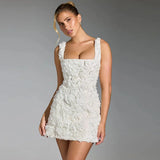DERMEARNE Fashion 3D Flower Mini Dress Women Sexy Slim Hip Package Female Party Dresses 2025 Vacation Beach Club Strap Rose Lady Robe
