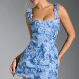 DERMEARNE Fashion 3D Flower Mini Dress Women Sexy Slim Hip Package Female Party Dresses 2025 Vacation Beach Club Strap Rose Lady Robe