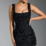 DERMEARNE Fashion 3D Flower Mini Dress Women Sexy Slim Hip Package Female Party Dresses 2025 Vacation Beach Club Strap Rose Lady Robe