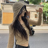 DERMEARNE Fashion Design Cardigan Y2k Coat Solid Color Hollow Out Hooded Long Sleeve Short Smock Thin Summer Female Slim Women's Clothing