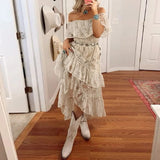 DERMEARNE Fashion Embroidery Ruffle Long Dress Elegant Strapless Irregular Bohemian Dress Mujer White Lace Off Shoulder Women Beach Dress
