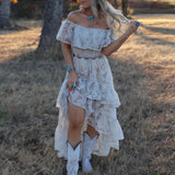 DERMEARNE Fashion Embroidery Ruffle Long Dress Elegant Strapless Irregular Bohemian Dress Mujer White Lace Off Shoulder Women Beach Dress