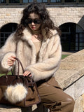 DERMEARNE Fashion Fur Jacket For Women Elegant Stand Collar Long Sleeve Loose Female Cardigan 2025 Autumn Winter Lazy Ladies Streetwear