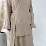 DERMEARNE Fashion Modest Muslim Matching Set 2 Piece Dress Women Kimono Lace Up Tops Skirt Suit Dubai Turkey Kaftan Abaya Ramadan Outfits
