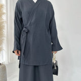 DERMEARNE Fashion Modest Muslim Matching Set 2 Piece Dress Women Kimono Lace Up Tops Skirt Suit Dubai Turkey Kaftan Abaya Ramadan Outfits