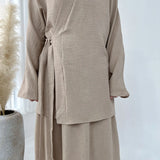 DERMEARNE Fashion Modest Muslim Matching Set 2 Piece Dress Women Kimono Lace Up Tops Skirt Suit Dubai Turkey Kaftan Abaya Ramadan Outfits