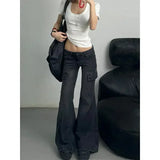 DERMEARNE Fashion Retro Low Waist Flared Pants Denim Overalls Women's Jeans American Vintage Spicy Girl Slim Fit Boot Cut Jean Streetwear