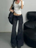 DERMEARNE Fashion Retro Low Waist Flared Pants Denim Overalls Women's Jeans American Vintage Spicy Girl Slim Fit Boot Cut Jean Streetwear