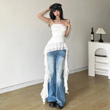 DERMEARNE Fashion Sexy Slim Fit Strapless Vest for Women Summer Irregular Patchwork Ruffles Tank Top 2025 All-match White Tops Mujer Dress