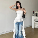 DERMEARNE Fashion Sexy Slim Fit Strapless Vest for Women Summer Irregular Patchwork Ruffles Tank Top 2025 All-match White Tops Mujer Dress