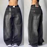 DERMEARNE Fashion Street Vintage Hip-hop Embroidery Stitching Old Baggy Jeans Women Y2K Harajuku Pop Couples High Waist Wide Leg Trousers