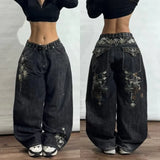 DERMEARNE Fashion Street Vintage Hip-hop Embroidery Stitching Old Baggy Jeans Women Y2K Harajuku Pop Couples High Waist Wide Leg Trousers