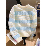 DERMEARNE Fashion Striped Loose Sweater Women Autumn Winter O-neck Long Sleeve Knitwear Simplicity All-match Refreshing Knitting Tops