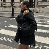 DERMEARNE Fashion Striped Scarf Collar Short Jacket Women Elegant Wool Blend Single Breasted Crop Coat 2025 New Autumn Street Warm Outwear