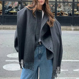 DERMEARNE Fashion Striped Scarf Collar Short Jacket Women Elegant Wool Blend Single Breasted Crop Coat 2025 New Autumn Street Warm Outwear