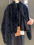 DERMEARNE Fashion Thick Double sided Wearable Lamb Fur Jacket Women Clothing Winter Coat Fur One Piece Short Black Fur Coat Women Tops
