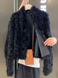 DERMEARNE Fashion Thick Double sided Wearable Lamb Fur Jacket Women Clothing Winter Coat Fur One Piece Short Black Fur Coat Women Tops