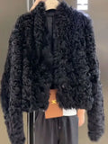 DERMEARNE Fashion Thick Double sided Wearable Lamb Fur Jacket Women Clothing Winter Coat Fur One Piece Short Black Fur Coat Women Tops