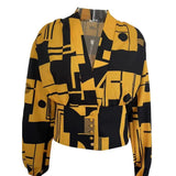 DERMEARNE Fashion Women Shirt V-neck Slim Buttons Tight Shrinkable Cuffs Cropped Shirt Lantern Long Sleeve Flower Print Blouse 2025