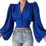 DERMEARNE Fashion Women Shirt V-neck Slim Buttons Tight Shrinkable Cuffs Cropped Shirt Lantern Long Sleeve Flower Print Blouse 2025